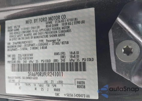 2018 Ford Fusion Hybrid Titanium из США, поврежденный, VIN 3FA6P0RU9JR241011